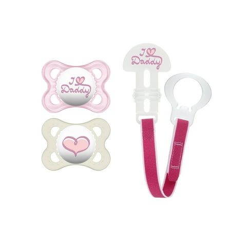 MAM Pacifiers and Baby Pacifier Clip, Baby Pacifier 0-6 Months and Baby Pacifier Clip, Best Pacifier for Breastfed Babies, 'I Love Daddy' Design Collection, Girl, 3-Count