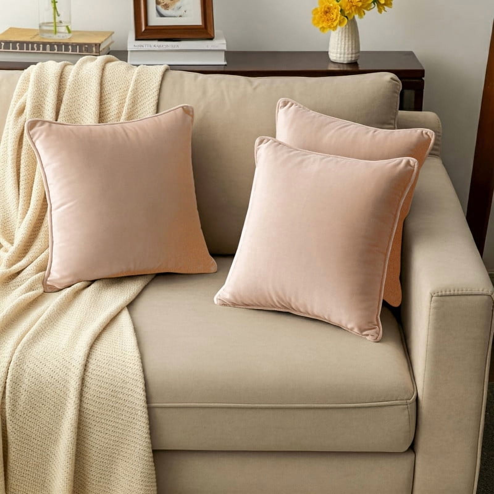 A1HC Set of 2 Luxurious Soft Velvet Throw Pillow Covers Only, 18"x18", Khaki, Decorative Cushion Covers with Hidden YKK Zipper for Sofa or Bed