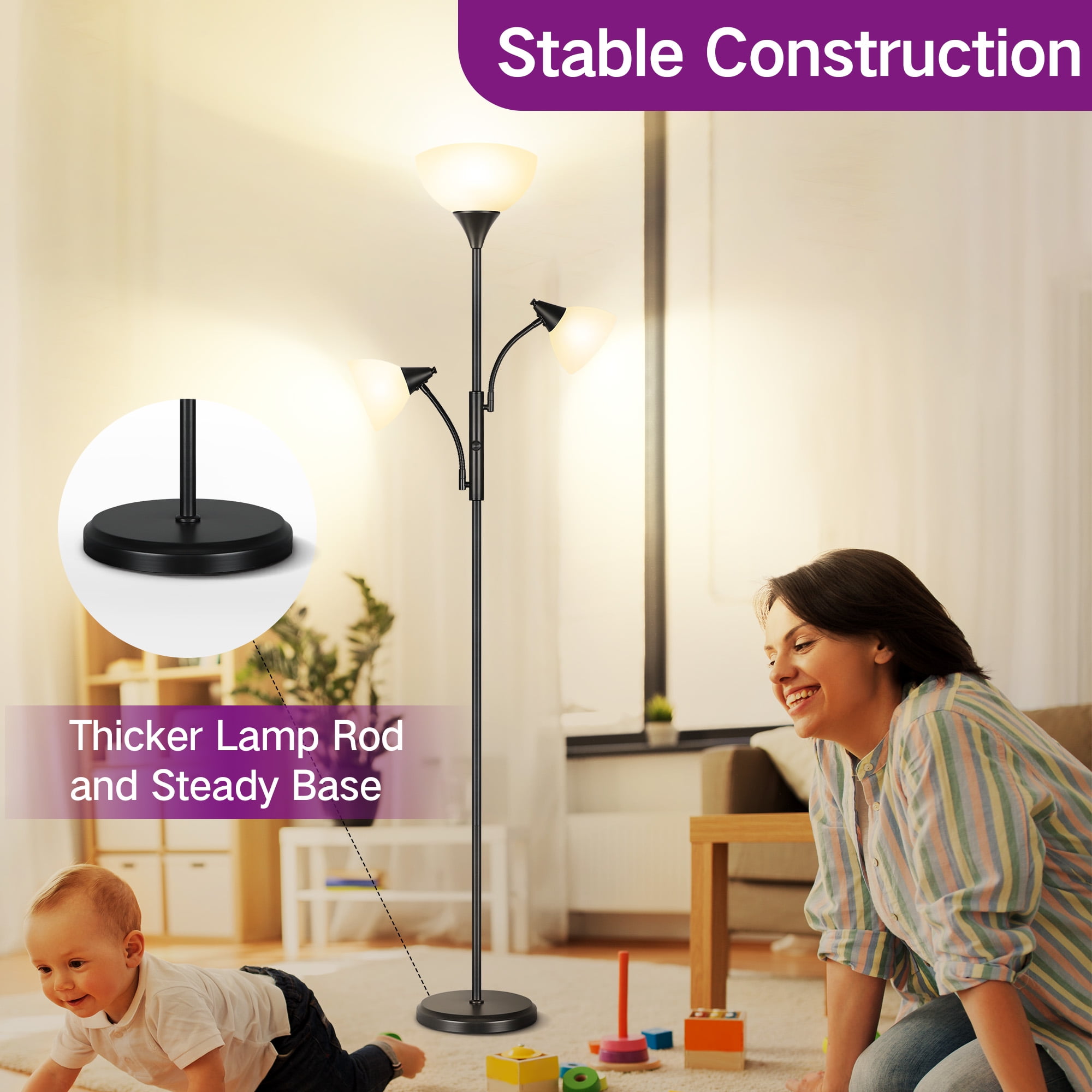 OUTON Torchiere Floor Lamp with Reading Light for Living Room, LED Standing Lampwith Remote Control for Bedroom, Modern Tall Reading Light, Black