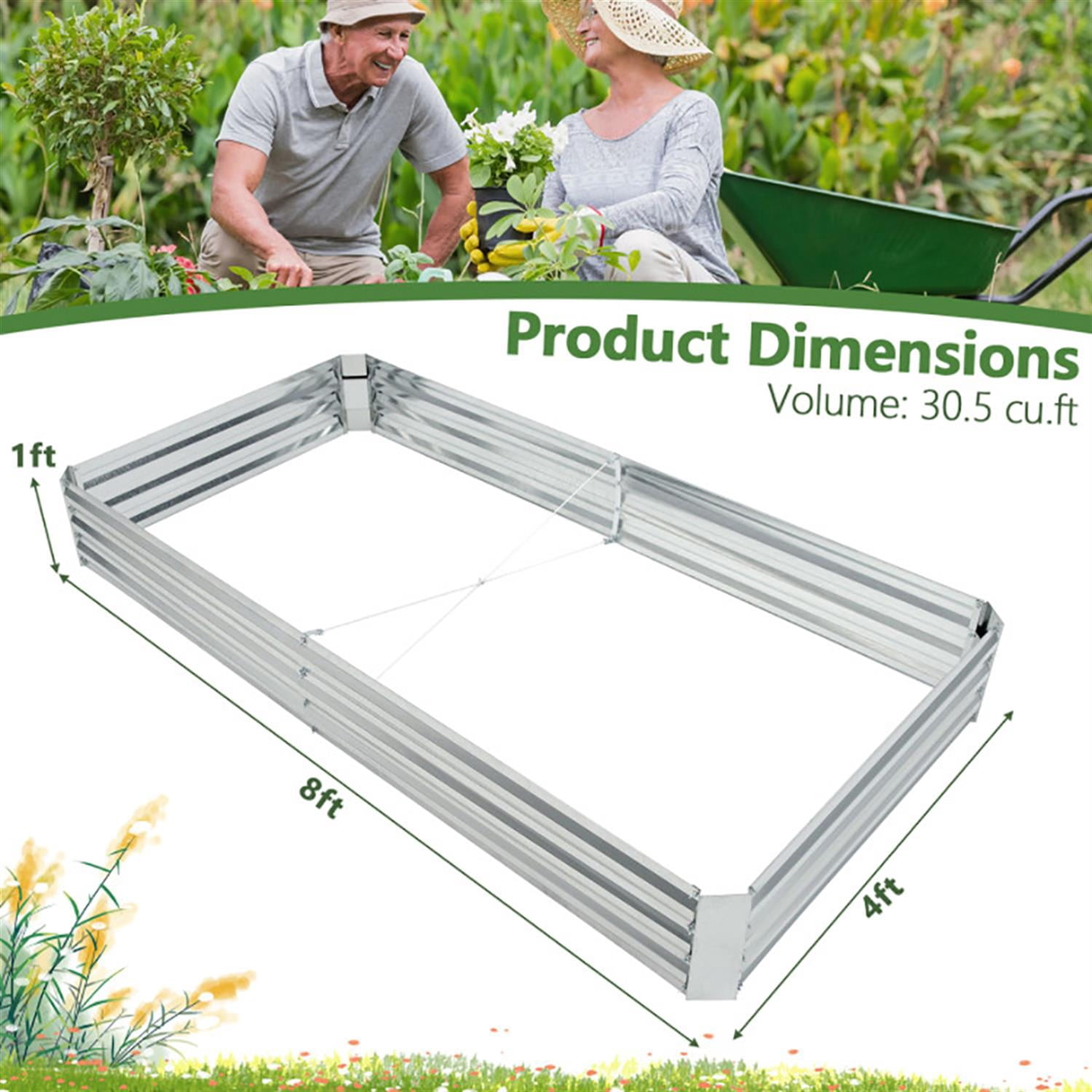 Spaco 8 x 4 Feet Galvanized Raised Garden Bed with Open-Ended Base, Elevated Planter Box Stand for Patio, Lawn, Yard, Balcony, Silver