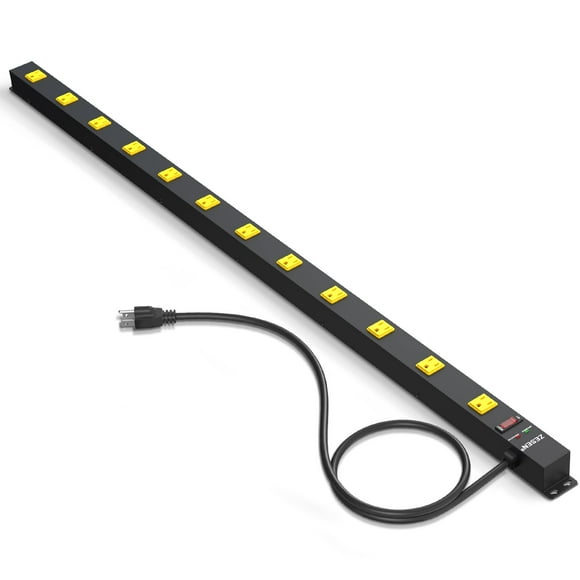 ZESEN 12 Outlet Long Power Strips Heavy Duty Garage Workshop Multi Wide Industrial Power Strip Surge Protector with 4ft Cord, ETL Certified, 1875W, Black