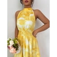 thumbnail image 4 of Yellow Watercolor Floral Print Halter Neck Smocked Waist A-Line Maxi Dress For Women, 4 of 6