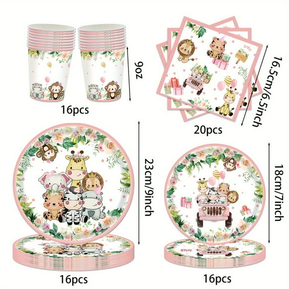 68pcs Wild One Safari Jungle Theme Party Supplies Set for Girls - Baby Shower & Birthday Decorations Disposable Paper Plates Cups Napkins Animal Tableware Kit for 1st-9th Birthday Wit