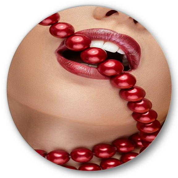 Girl Mouth With Red Lipstick Biting Red Pearls 36 in x 36 in Painting Art Prints, by Designart