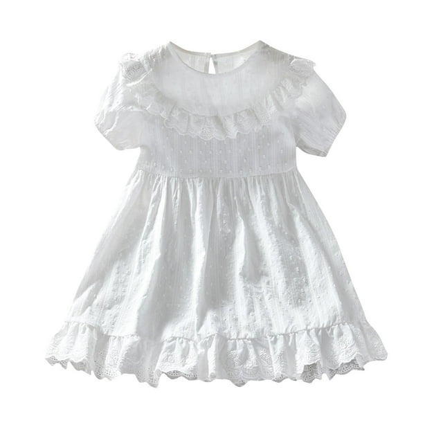 Liquidation Staron Robes Petite Fille Vêtements Bébé Fille Robe Blanche Manches Courtes Été Robe Unie à Volants Mignonne Dentelle Robes Fillette Tout-Petit