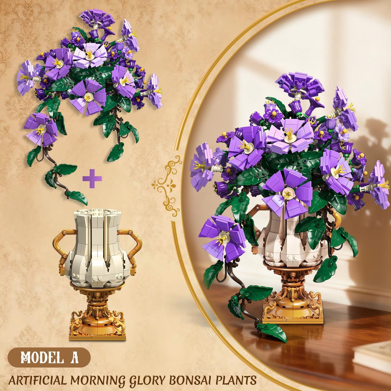 TERRAMUS Morning Glory Bouquet Building Set with Wall Mount, 1136 PCS Artificial Flower Blocks, 2-in-1 Desk Wall Display Construction Toy for Ages 12+