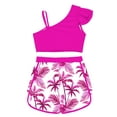 thumbnail image 4 of YiZYiF Girls 2-Piece Tropical Print Swimsuit Asymmetrical Ruffle Crop Top with Shorts Tankini Set Hot Pink 14, 4 of 5