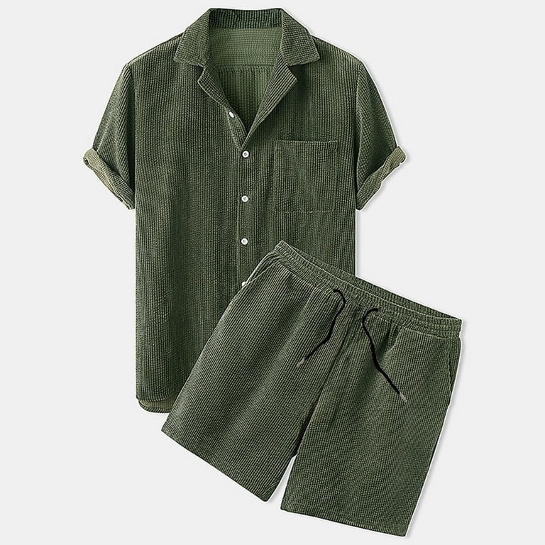 Men's Casual Corduroy Shirts Sets Short Sleeve Shorts Suit 2