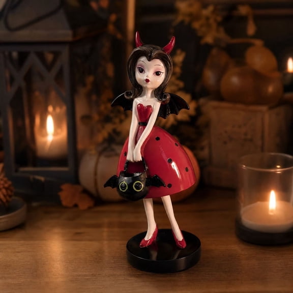 Halloween Girl Resin Tabletop Figurine, Vintage Cartoon She Statue, Spooky Cute Decor for Mantel Shelf Entryway, Halloween Party Decoration Gift Collectible