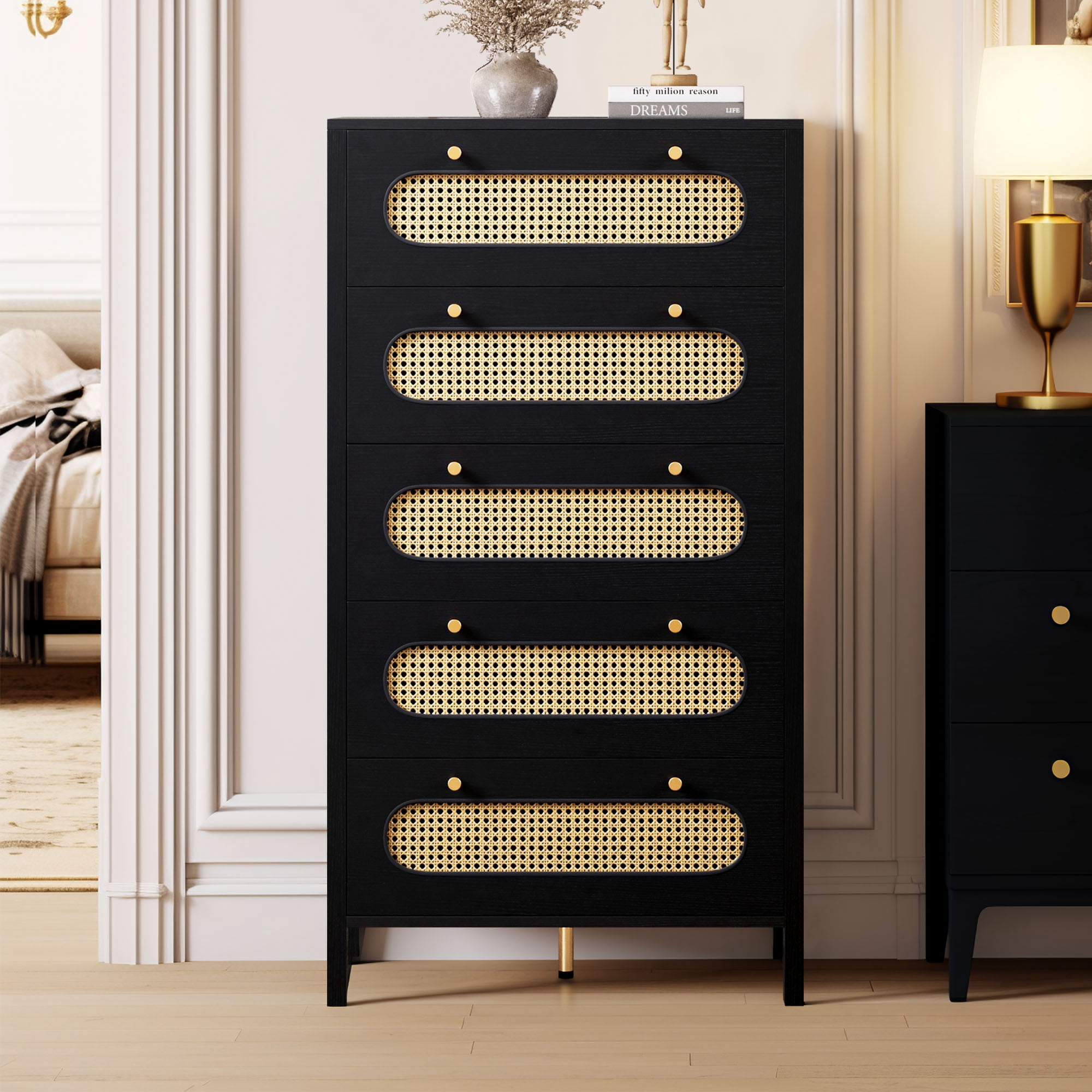 Dextrus 5 Drawer Vertical Dresser Wood Storage Cabinet Chest of Drawers Black Oak