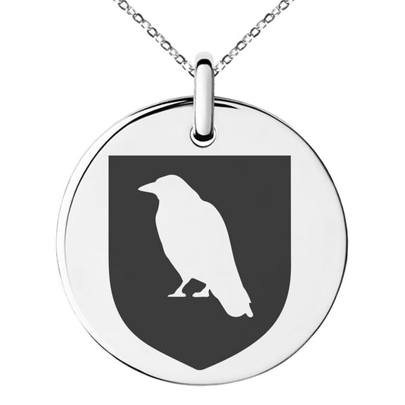 Stainless Steel Raven Bringer of Death Coat of Arms Shield Engraved Small Medallion Circle Charm Pendant Necklace