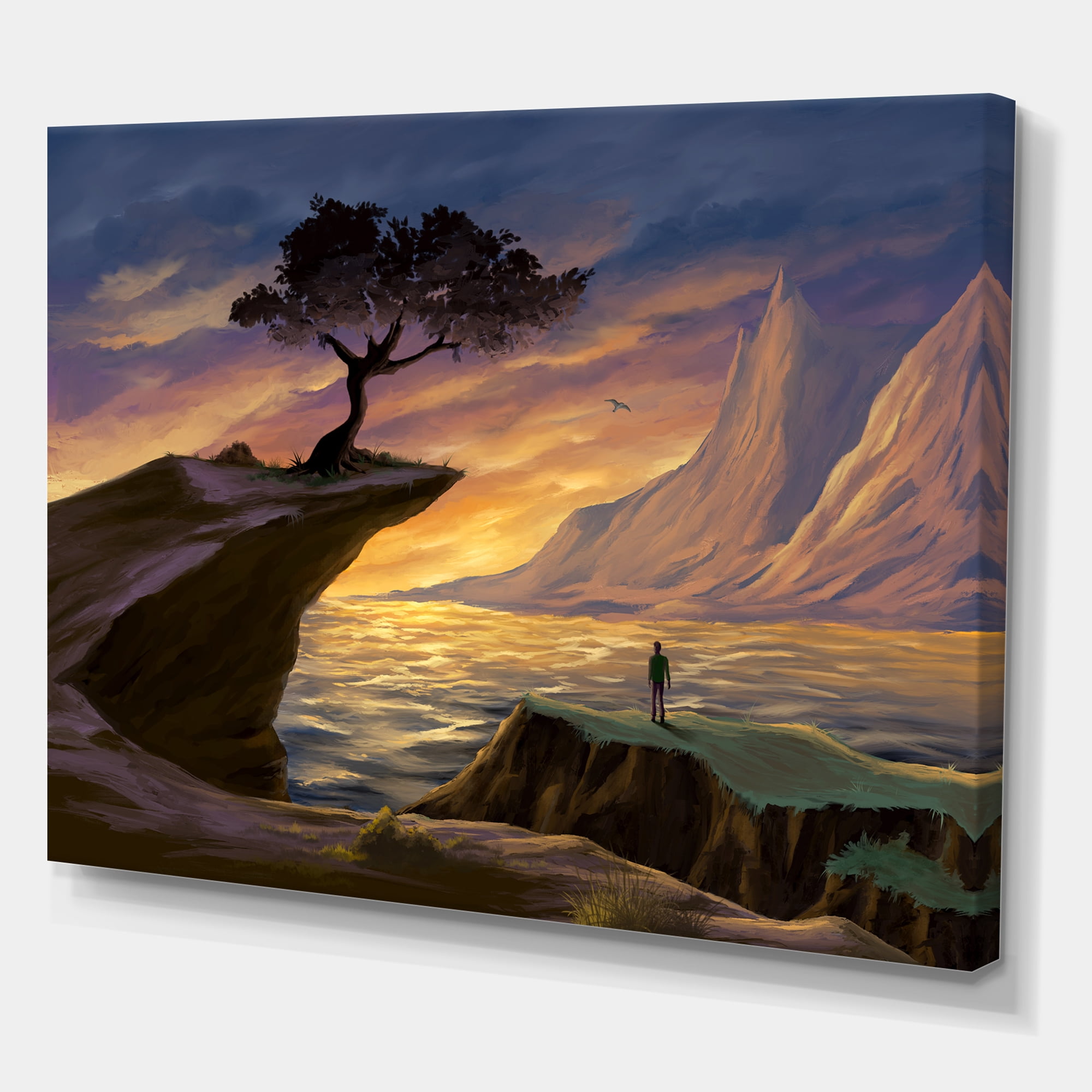 Tree On A Sea Cliff At Evening Light 32 in x 16 in Painting Canvas Art Print, by Designart