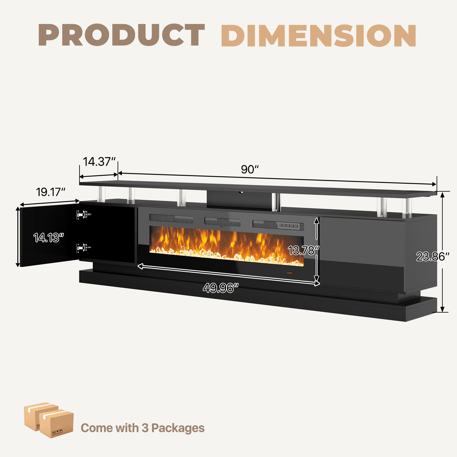 BaPiPro 90" Fireplace TV Stand for TVs up to 100", Modern Entertainment Center TV Console with Storage for Living Room, Black TV Stand and Black Fireplace