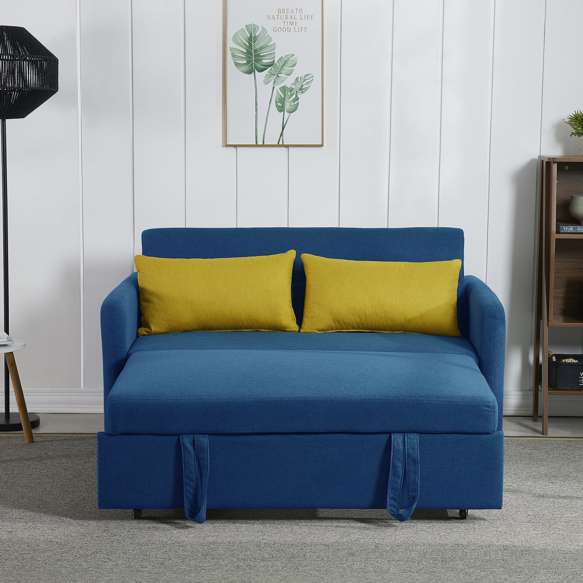 3 in 1 Convertible Sleeper Sofa Bed with Pull Out Bed ,Modern Linen Fabric Upholstered Loveseat Sofa Couch with 2 Pillows and Adjsutable Backrest,Retro Blue