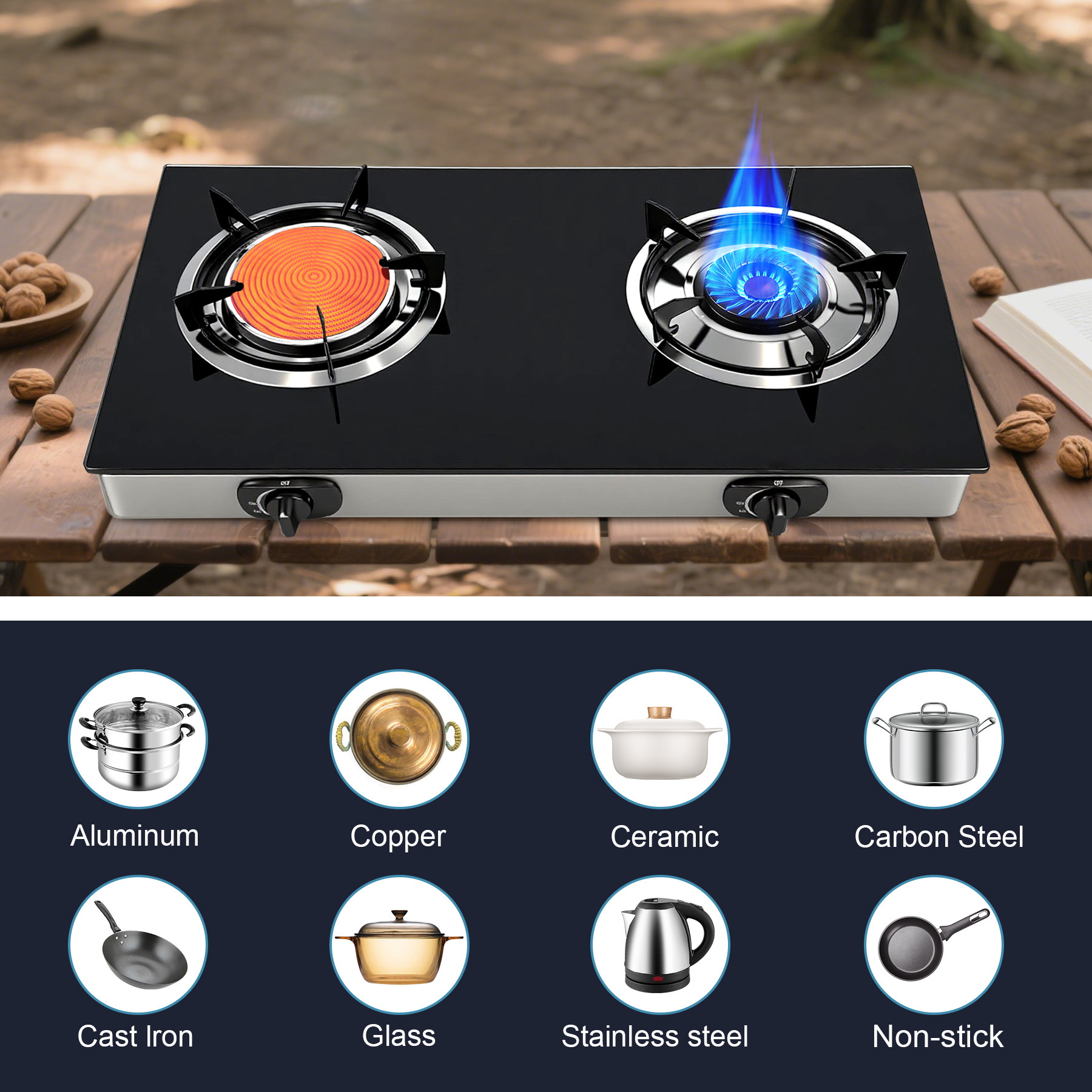 TIMVAGO 2-Burner Gas Stove with Tempered Glass Cover, Infrared & Blue Swirl Flame Burners, Includes Hoses & Regulator, LPG, for Outdoor, Patio, Camping, Kitchen, Christmas Gift