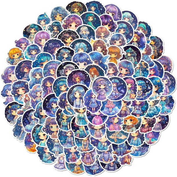 100Pcs Kawaii Starry Sky Girl Stickers for Water Bottles Vinyl Waterproof Cartoon Girls Stickers for Kids Cute Anime Style Girl Decals for Laptop Hydr