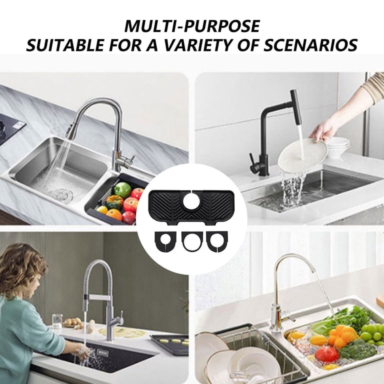 Silicone Kitchen Sink Splash Guard & Drip Tray - 6° Slope Mat Behind Faucet, Black, 17.7"x5.5"
