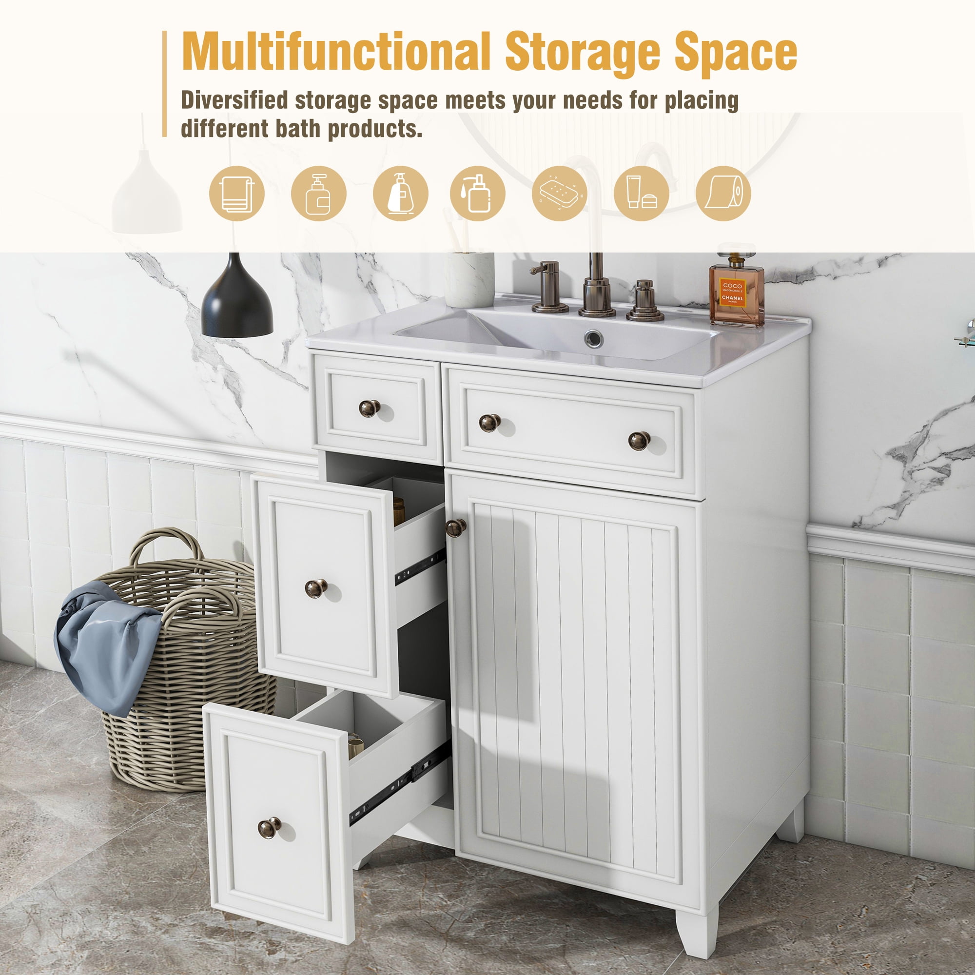 EUROCO Bathroom Vanity with Ceramic Sink, 24" Freestanding Bathroom Cabinet Vanity with 2 Drawers,Lager Storage,1 Door ,Solid Wood Frame Bathroom Vanities,White