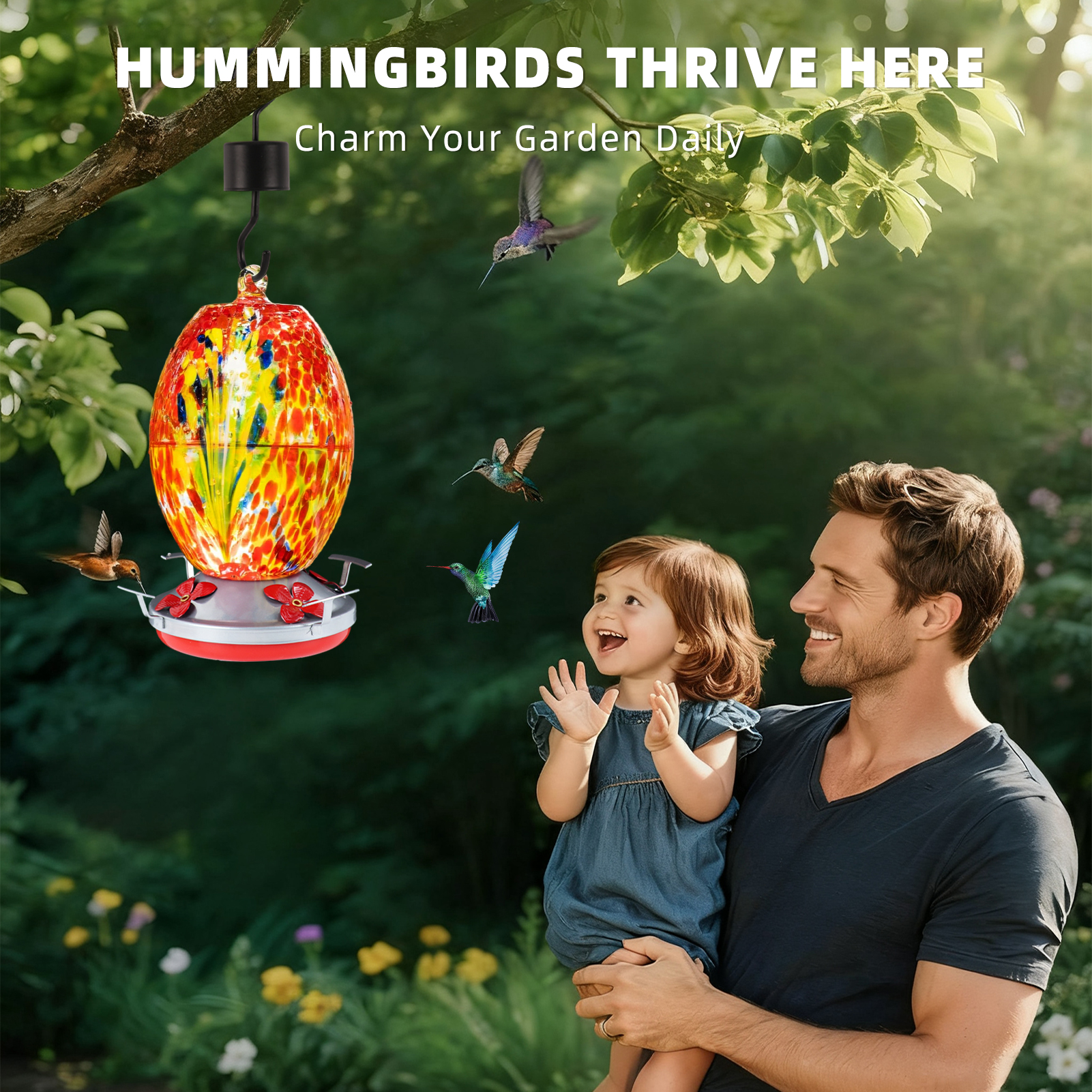 KORALAKIRI Glass Hummingbird Feeders, 27OZ Hummingbird Feeder for Outdoors Hanging ant and Bee Proof, Humming Birds Feeders for Outside