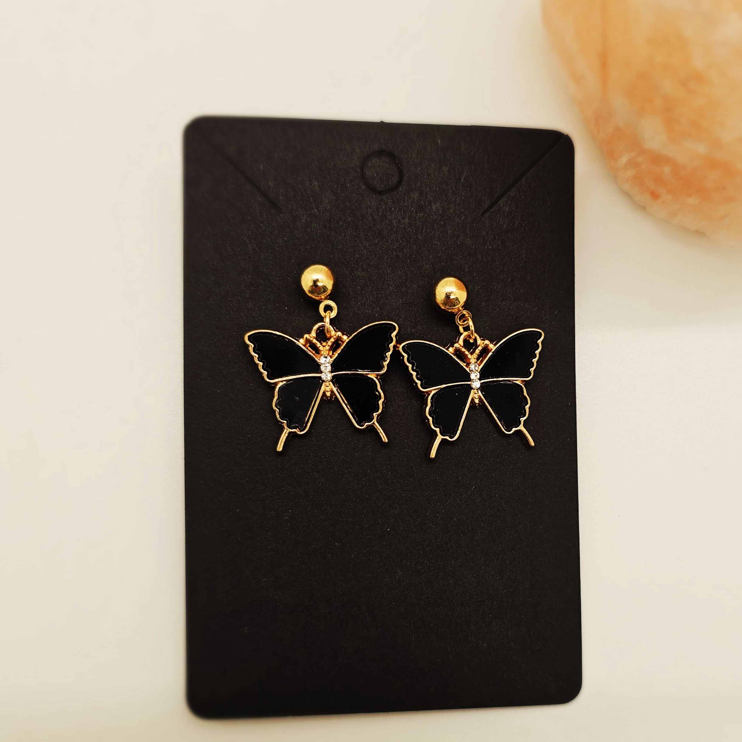 Black Enamel Butterfly Earrings, Gold Tone
