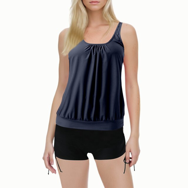Womens Swimsuits Solid Color Stylish Ruffle Tankini Tops with Boyshorts Dark Blue Bathing Suits for Women S