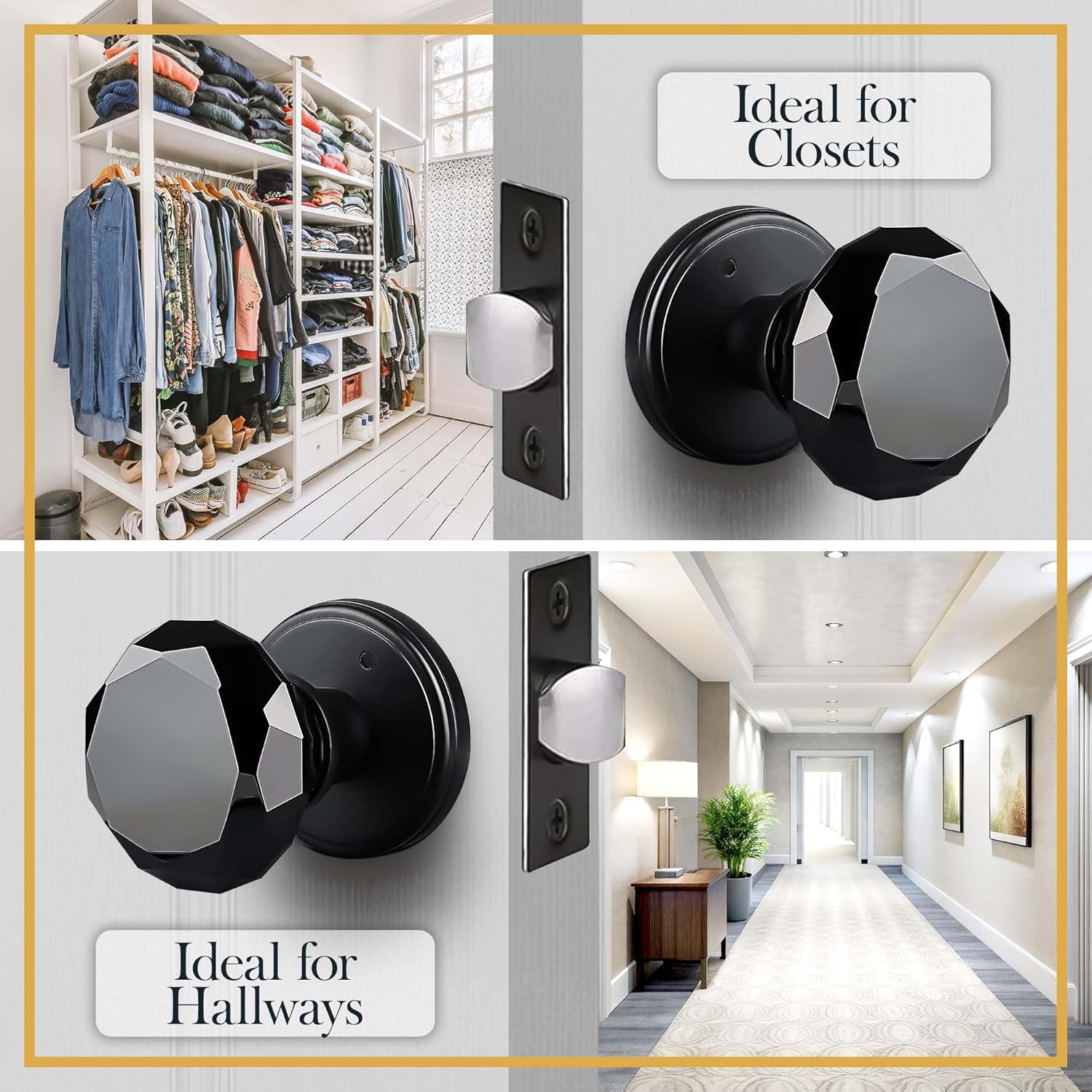 Balin Designs Crystal Doorknob by Balin Designs (Matte Black) - Decorative Hardware Interior Keyless Passage Door Lock for Hallway Passage, Kitchen, or Other Doors (1 Pack)
