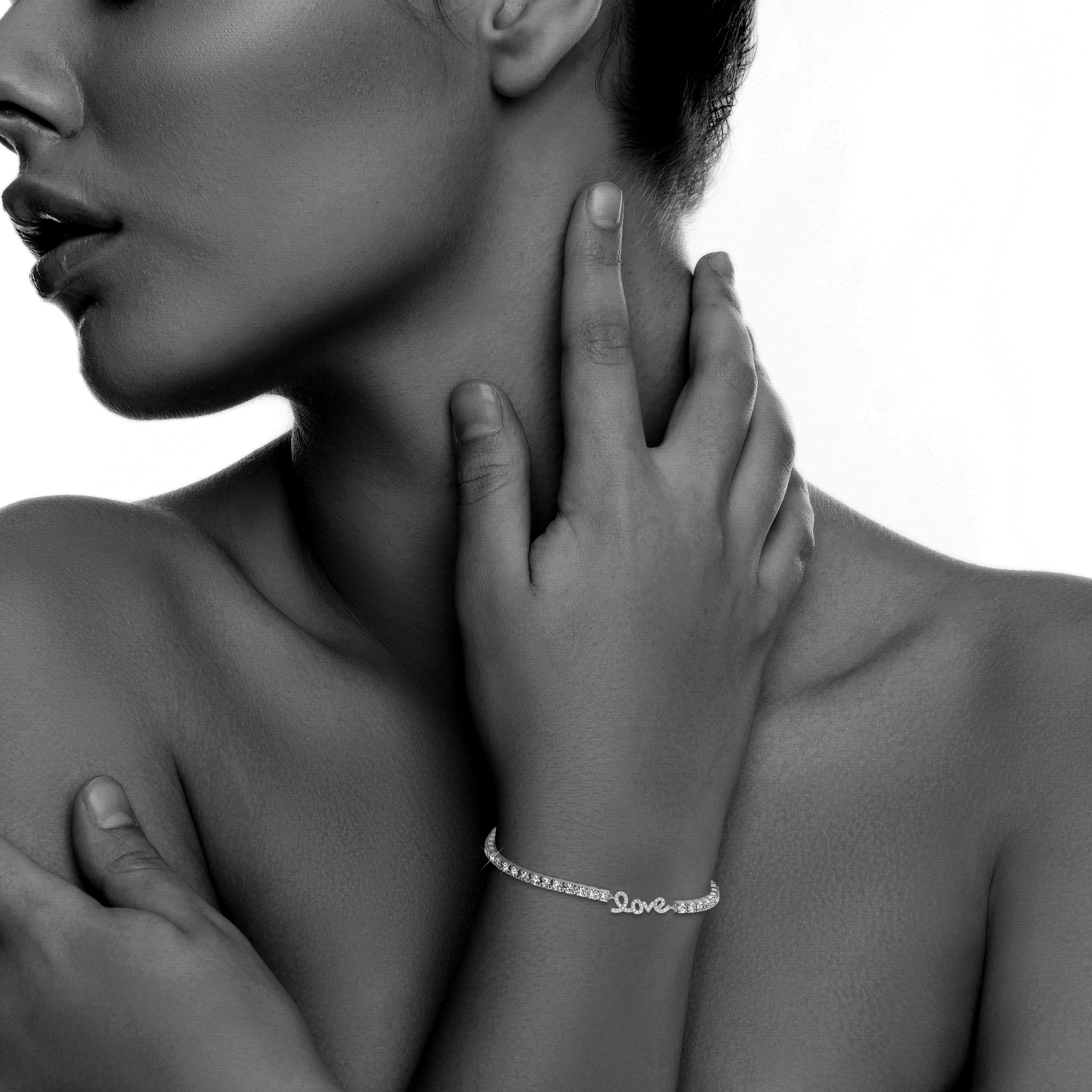5th & Main Women's Sterling Silver Drawstring Tennis Bracelet with Cursive Love and Clear CZs