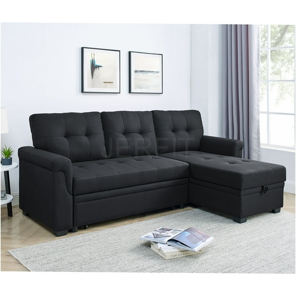 JERFIT 86" Black Polyester Convertible Sofa Bed, 3-Seater Pull Out Sleeper with Reversible Chaise, Modern Tufted Linen-Like Fabric Couch for Living Room