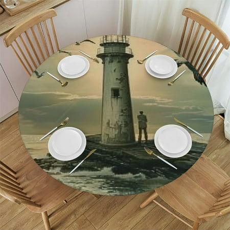 

Ollo0ord Lighthouse Birds Round Fitted Tablecloth with Elastic Edge Fitted Table Cloth for Round Table Circular Table Cover Waterproof Wipeable Round Elastic Table Cloth 31 -35