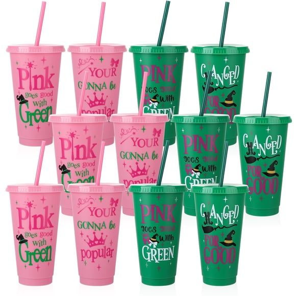 Vasos de plástico Overoche, rosa y verde, 700 ml, con tapas y pajitas, 12 unidades