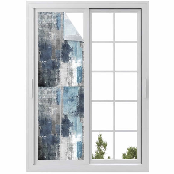No Glue Heat Blocking Window Flims, Blue Grey Window Privacy Film Frosted, Abstract Art Oil Painting Modern Geometric Peep-proof Door Windows Tint for Bathroom, Dormitory, 17.7 x 78.7 Inches
