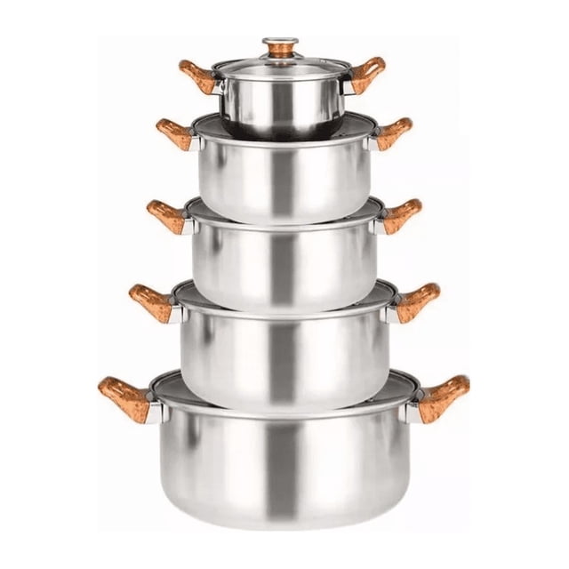 Bateria de cocina de Acero Inoxidable Con Tapa De Vidrio 5 Pcs Mandos de Madera