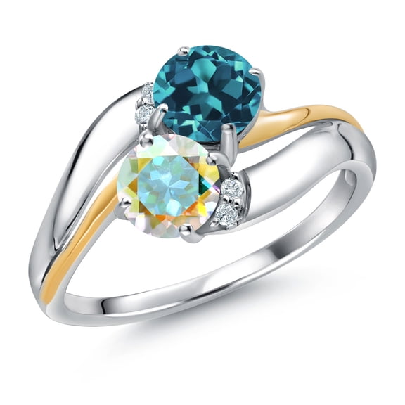 Gem Stone King 925 Sterling Silver and 10K Yellow Gold Mercury Mist Mystic Topaz London Blue Topaz 2 Stone and Lab Grown Diamond Accent Ring for Women (1.28 Cttw, Gemstone Birthstone, Size 7)