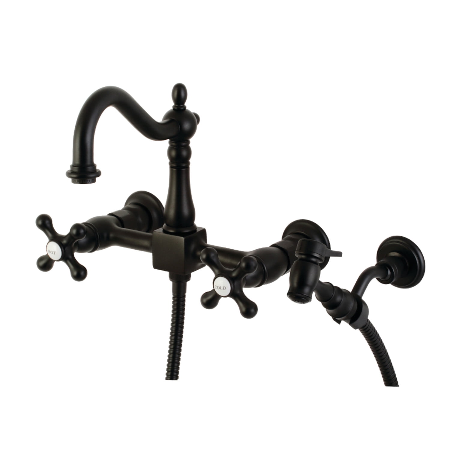 Kingston Brass KS1260AXBS Heritage Wall Mount Bridge Kitchen Faucet with Brass Sprayer, Matte