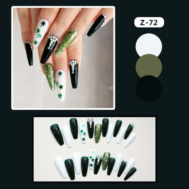 Manicura para El Día de San Patricio: 24 Láminas de Uñas Reutilizables de Colores Brillantes, Color Liso, Estilo Largo, 1 Ml | Uñas Postizas Acrílicas Francesas con Pegamento | Juego de Uñas Postizas