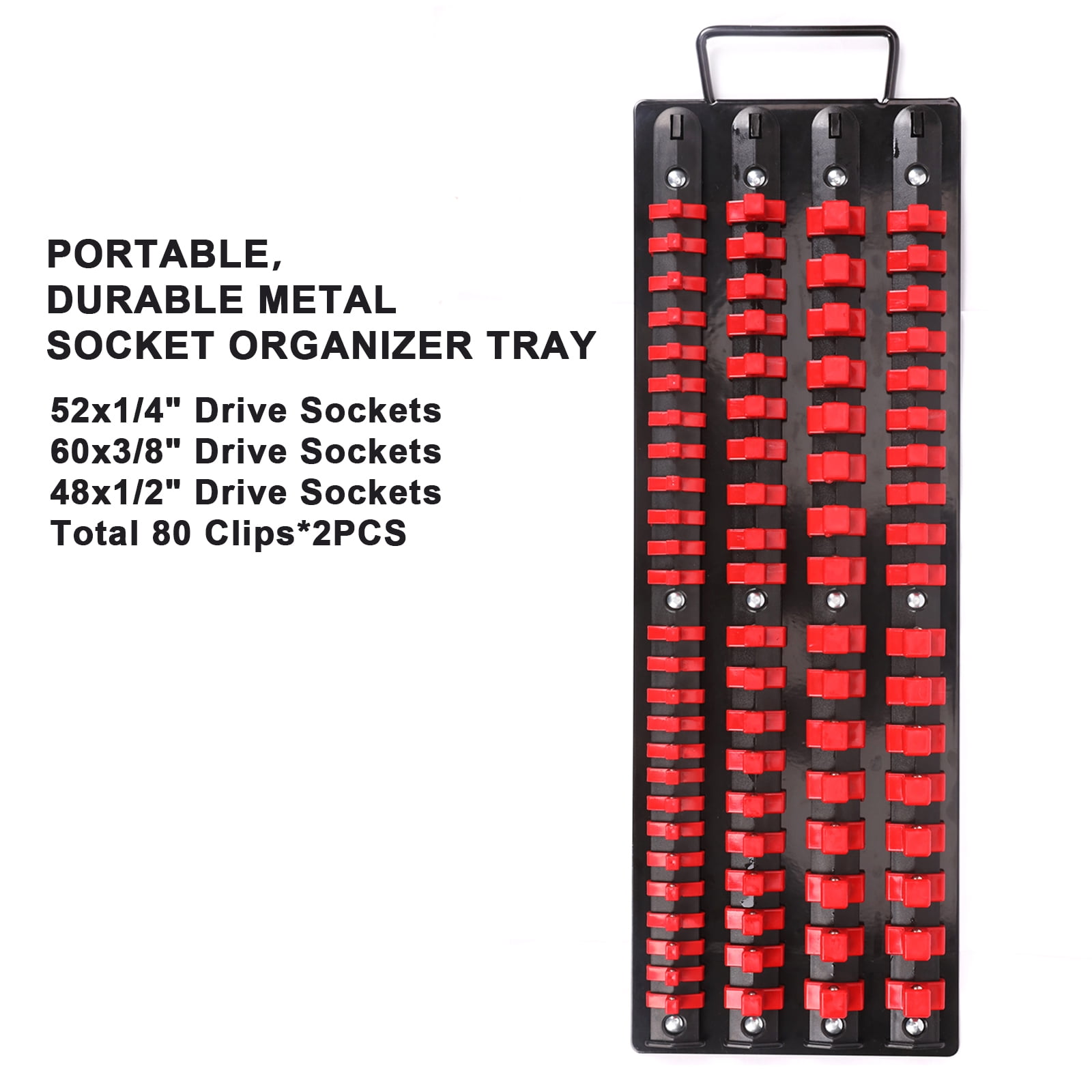 Mayouko Pro 80-Piece Portable Socket Organizer Tray, 2 Pcs Set, Blue & Red, Tools Organizer 1/4-Inch, 3/8-Inch, 1/2-Inch, Heavy Duty Socket Holder, Black Rails, Blue & Red Clips