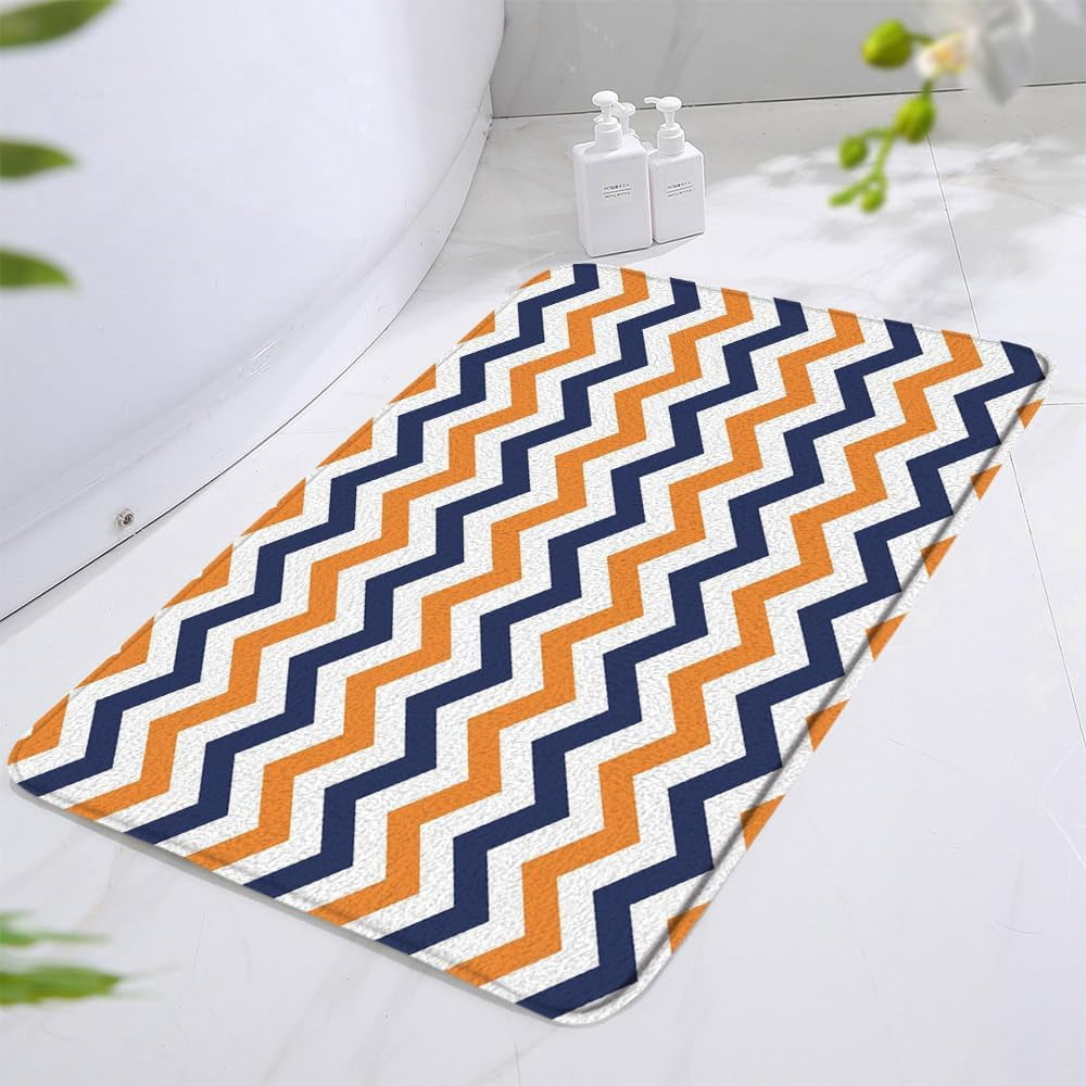 Navy Blue Orange Geometric Stripes Bath Mat Abstract Minimalist Line Geometry Mid Century Modern Fashion Bathroom Rugs Shower Mat Bedroom Kitchen Carpet 20x31 in