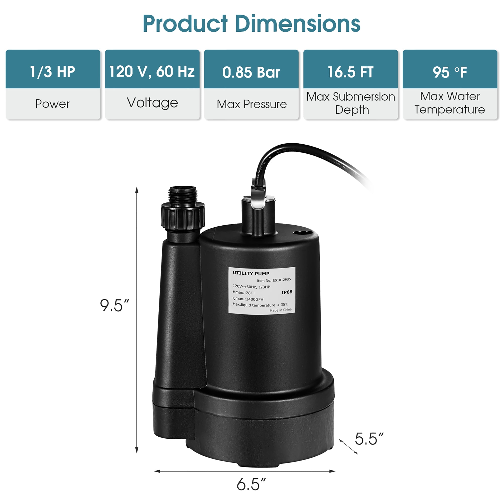 Costway Submersible Utility Pump 1/3HP 2400GPH Portable Electric Water Pump 10 FT Cord