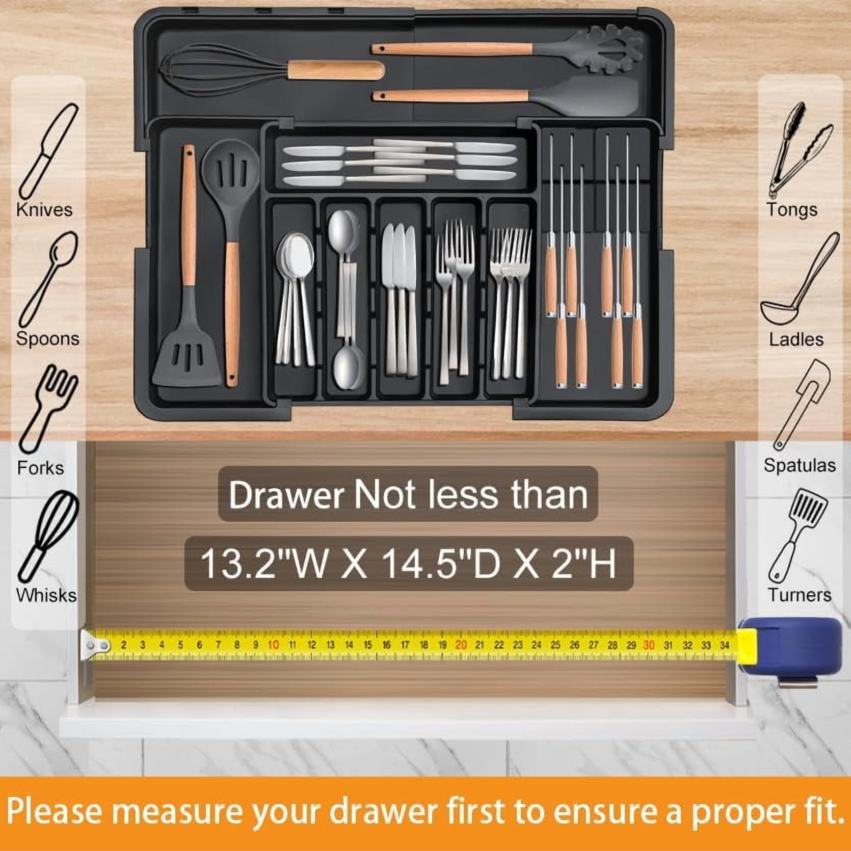 Silverware Organizer - Expandable Large Kitchen Drawer Organizer Utensil Organizer with 2 Removable Knife Blocks, 22"x 19"Cutlery Tray Drawer Dividers for Kitchen Flatware(6-9 Slots) (Black)