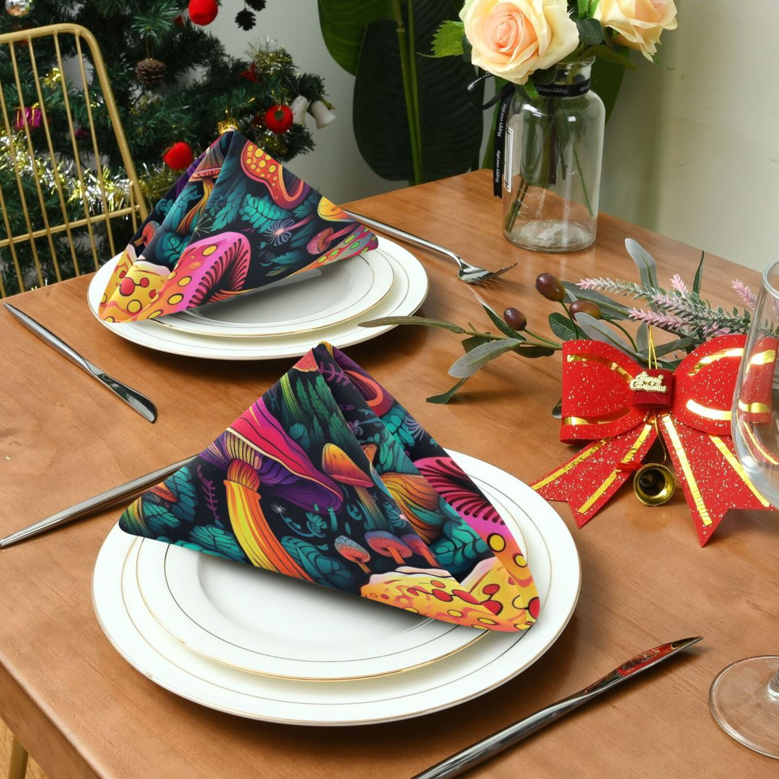 JSTEL Neon Mushroom Cloth Napkins Set of 6, 20x20 Inch Washable and Reusable Napkin for Decoupage Dinner Party Everyday Use