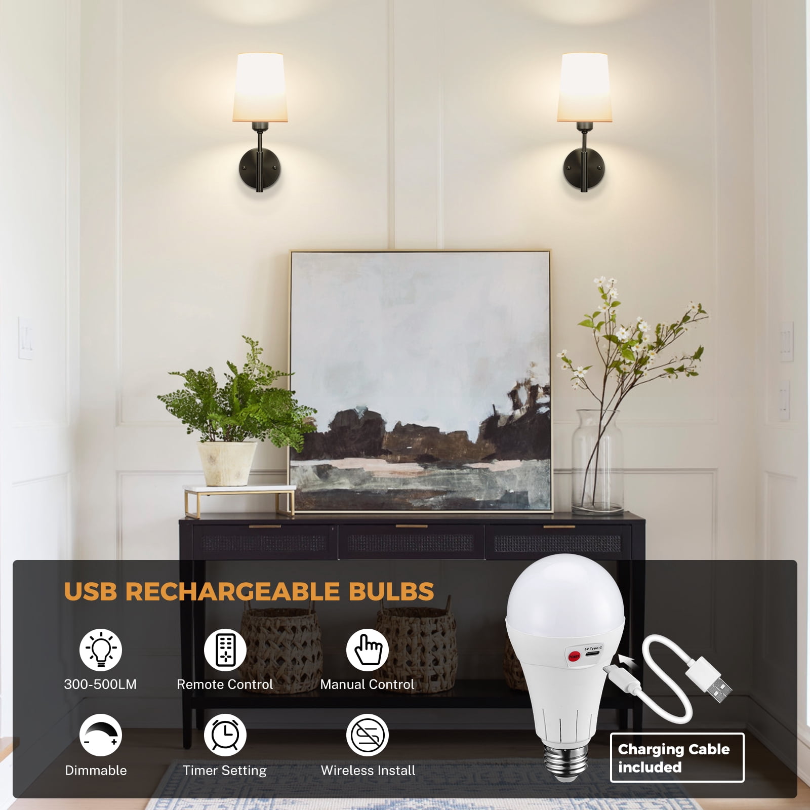 PatioGem Modern Dimmable 2-Light LED Black Bedroom Battery Powered Wall Sconces (2 Count)