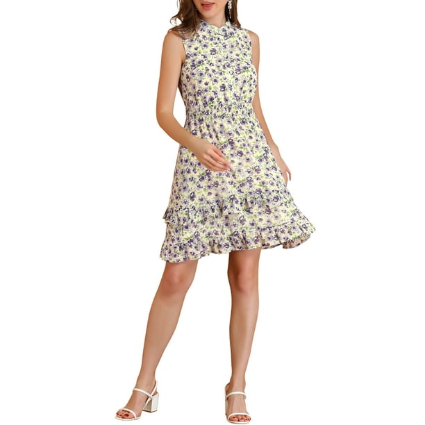 INSPIRE CHIC Vestidos de gasa para mujer, vestido mini sin mangas con fruncido floral en A, XL amarillo púrpura