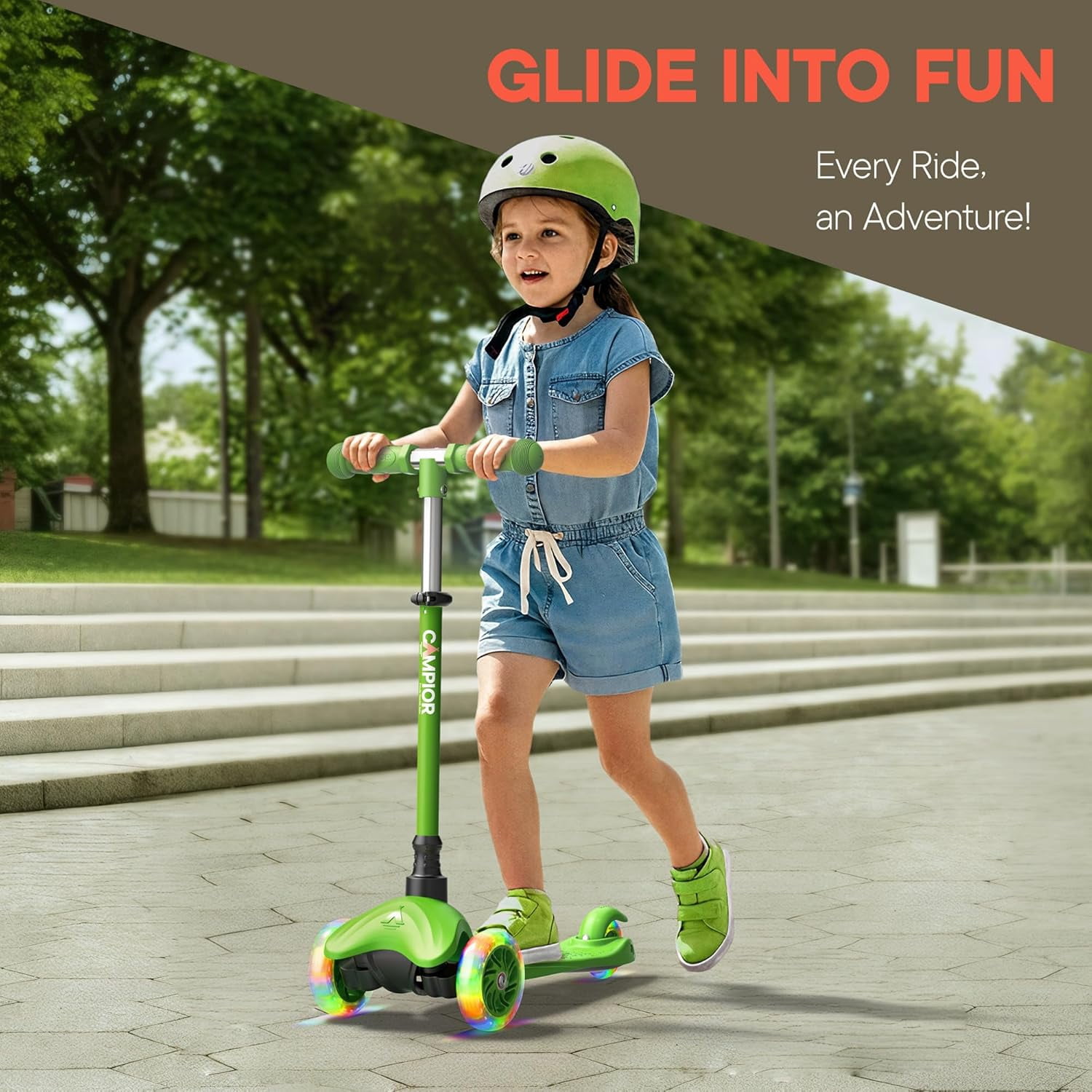 Campior Green 3-Wheel Kids Scooter, Lean-to-Steer with LED Wheels, Adjustable Handlebar, Anti-Slip Deck, Rear Foot Brake, Ages 2+