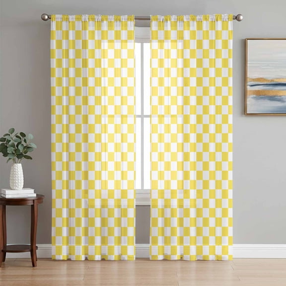 Yellow White Plaid Sheer Curtains 72 Inch Length 2 Panels Set, Modern Retro Geometric Checkered Voile Window Treatment Rod Pocket Curtains Sheers Drapes for Bedroom/Living Room/Kitchen 52"x72"x2