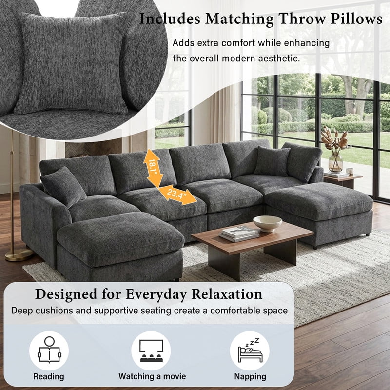 6-Seater Oversized Sectional Sofa, Upholstered Indoor Couch with Solid Wood Frame, Modular Sofa Set with 2 Movable Ottomans