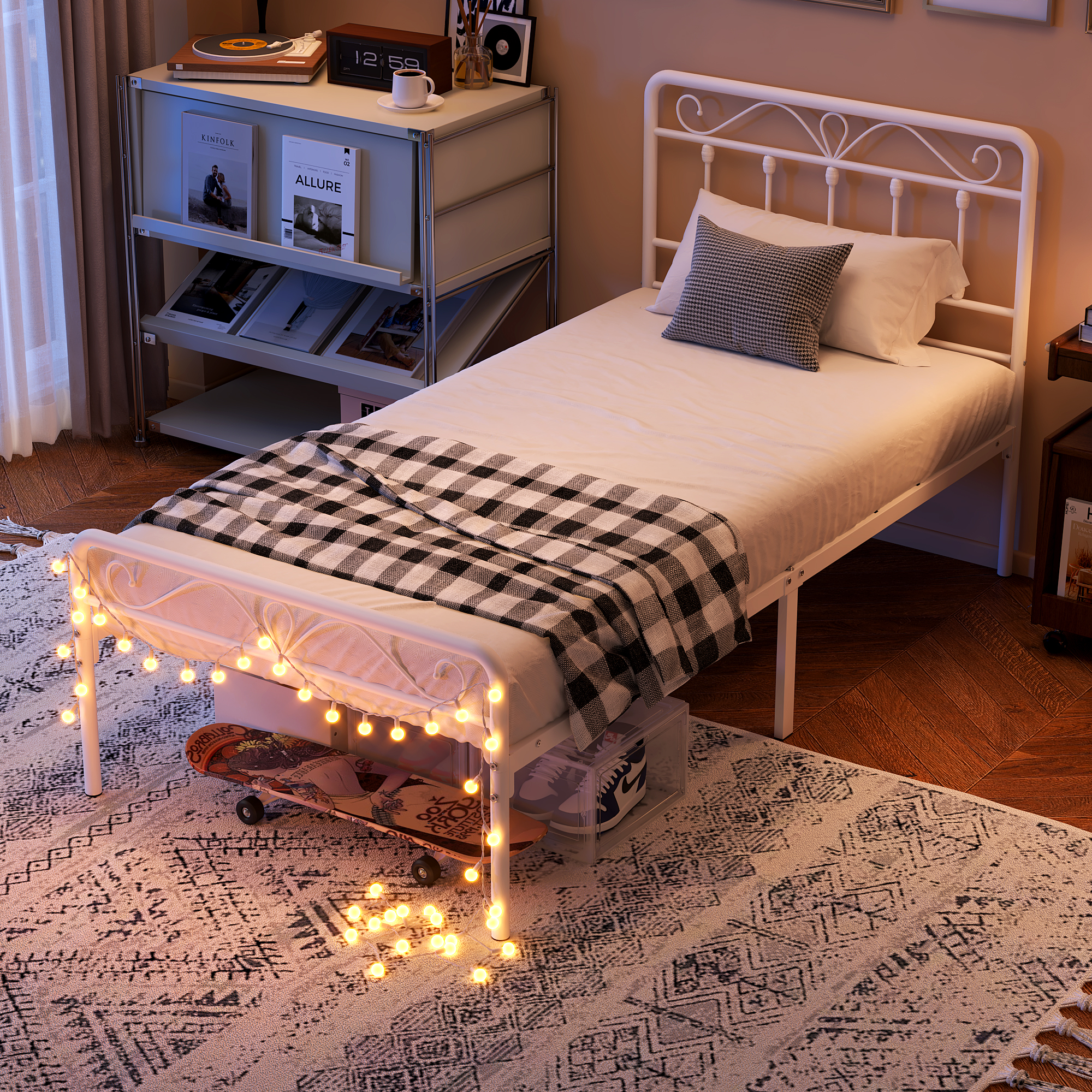 Yoneston Alden Designed Twin Metal Bed Frame with Vintage High Headboard for Kids Girls Boys Bedroom, White