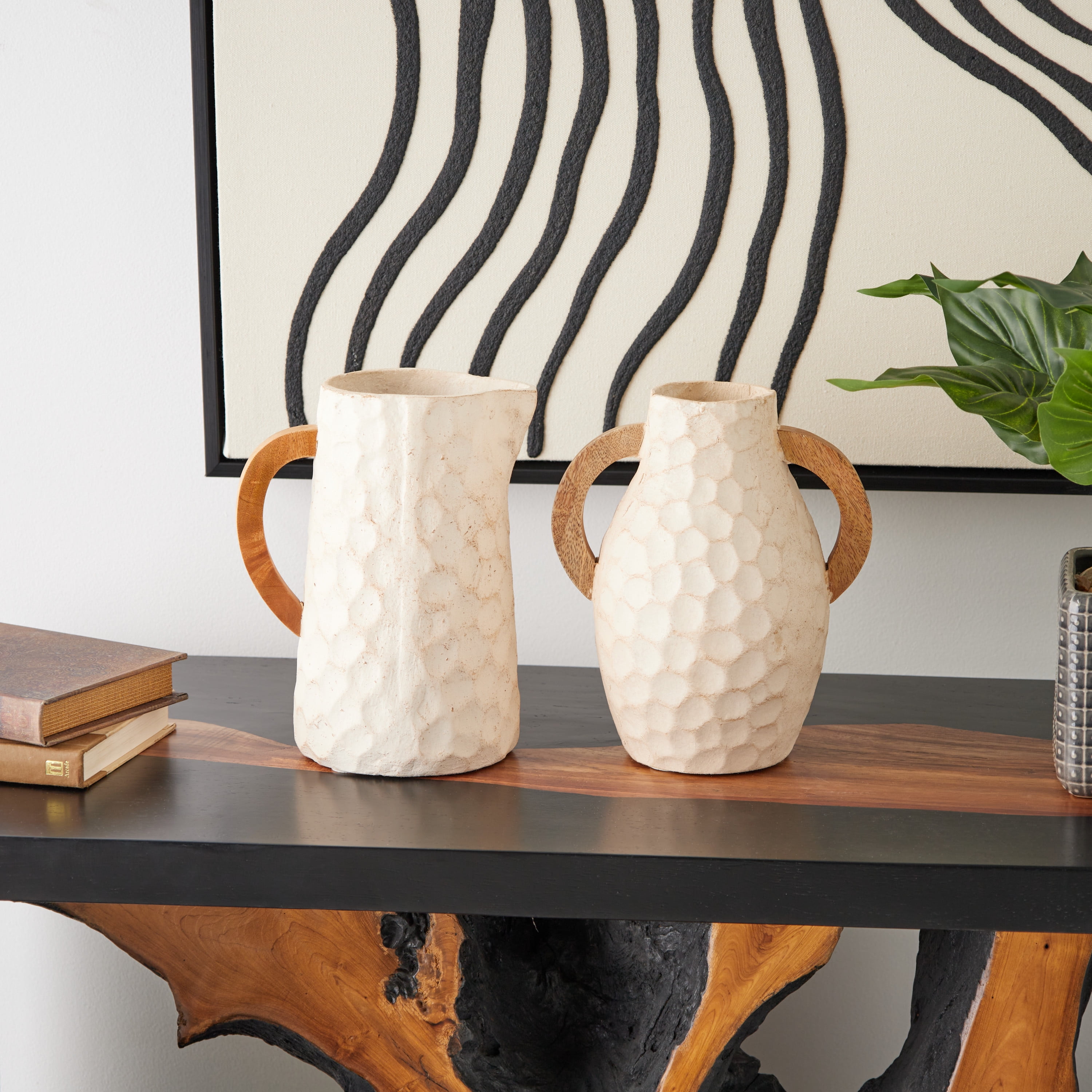 DecMode 6"W,9"H Honeycomb Inspired Jug Beige Paper Mache Vase with Brown Wooden Handles, Set of 2