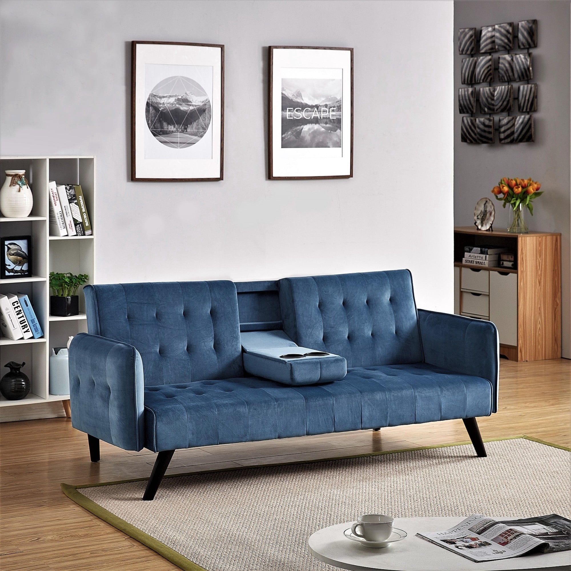 BSHTI 72" Linen Sleeper Sofa Bed with Folding Backrest,Adjustable Back, Drop-Down Table with Cup Holder for Living Room（Blue）