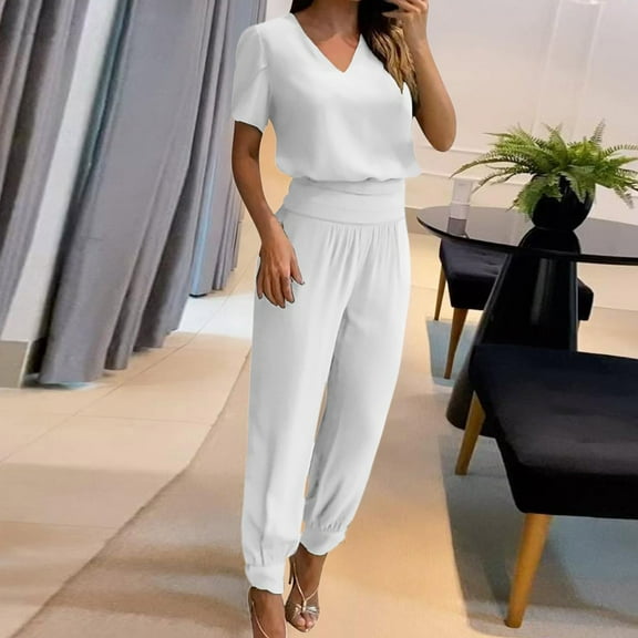 Aloohaidyvio Tops for Women,Fashion Woman Round Neck Solid Short Sleeve Blouse Loose Pockets Pants Sets
