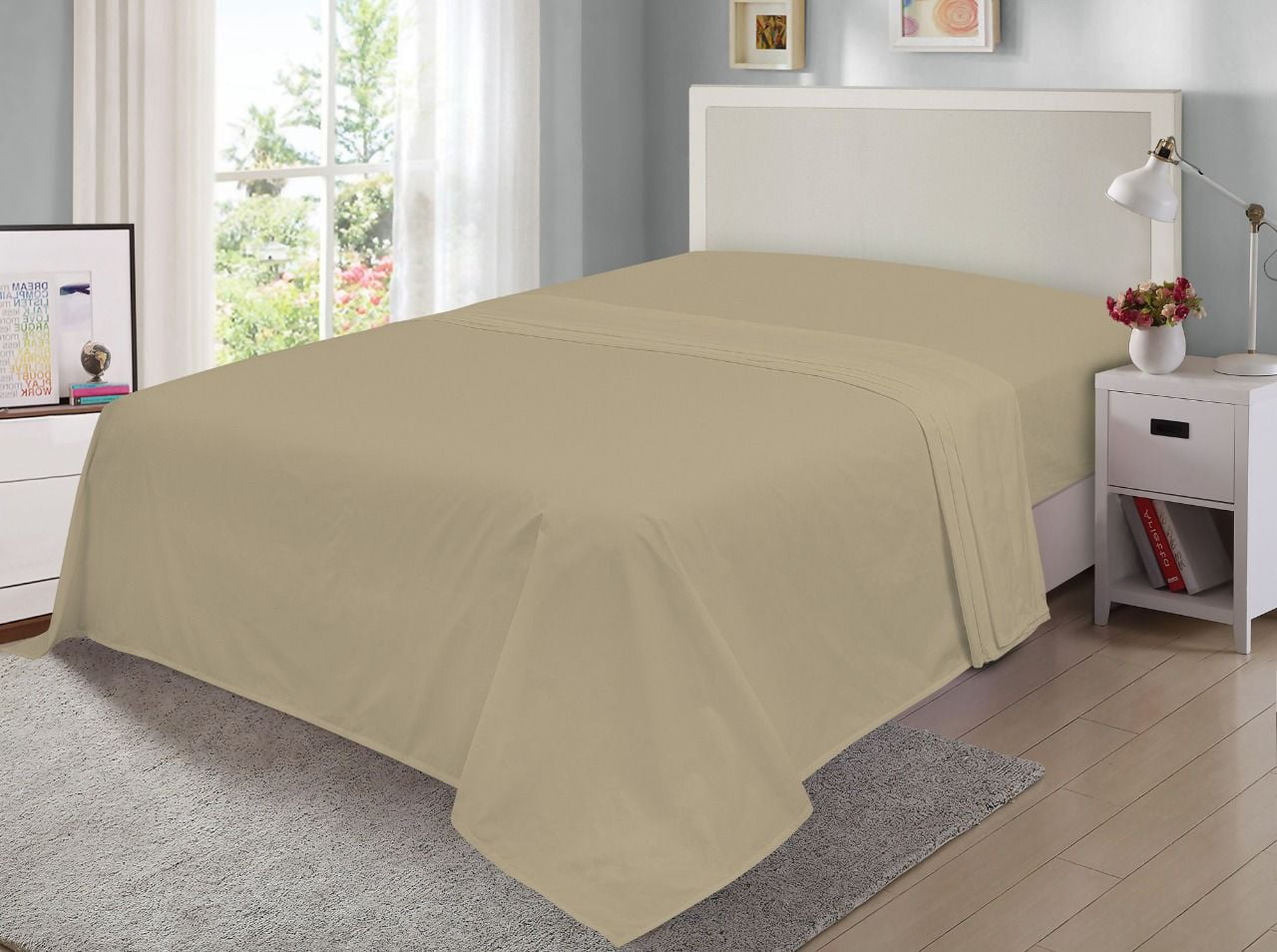 Mainstays 300TC Cotton Rich Percale Easy Care Bed Sheet Set,BrownStone Twin/Twin XL Flat Sheet